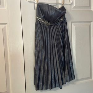 strapless dark blue prom dress